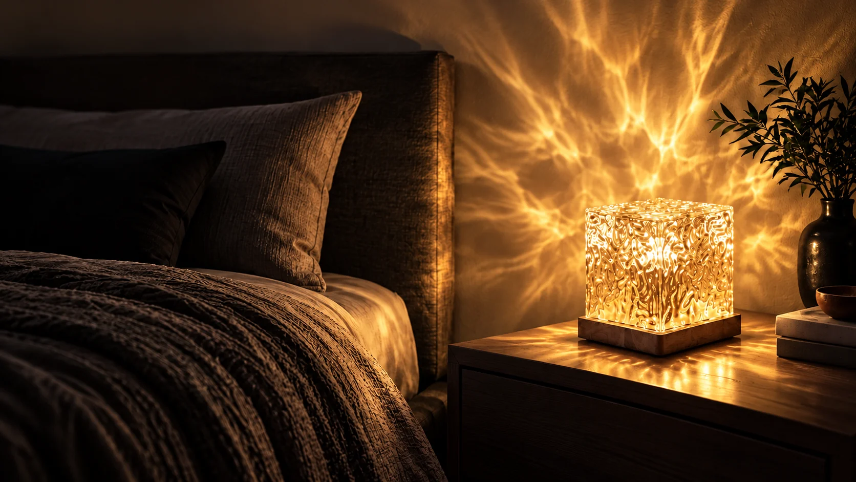 La misma habitación en iluminación ámbar.