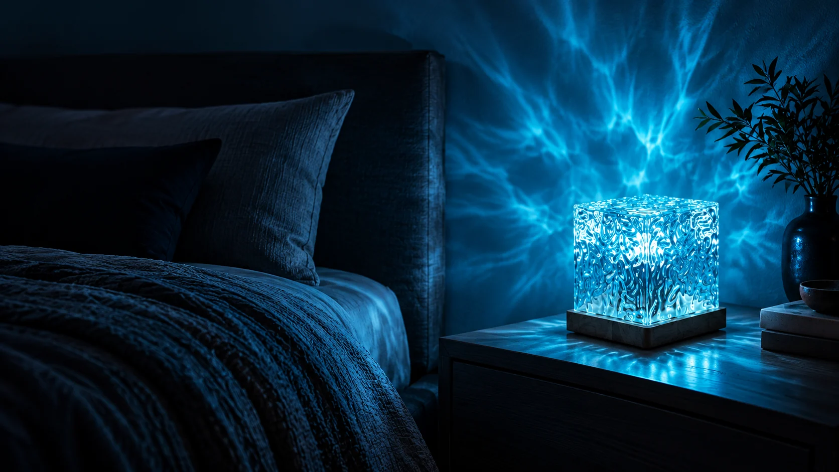 Lámpara cúbica azul en un dormitorio con reflejos de agua.