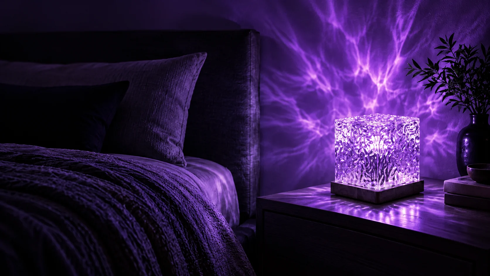 La misma habitación en una escena violeta.