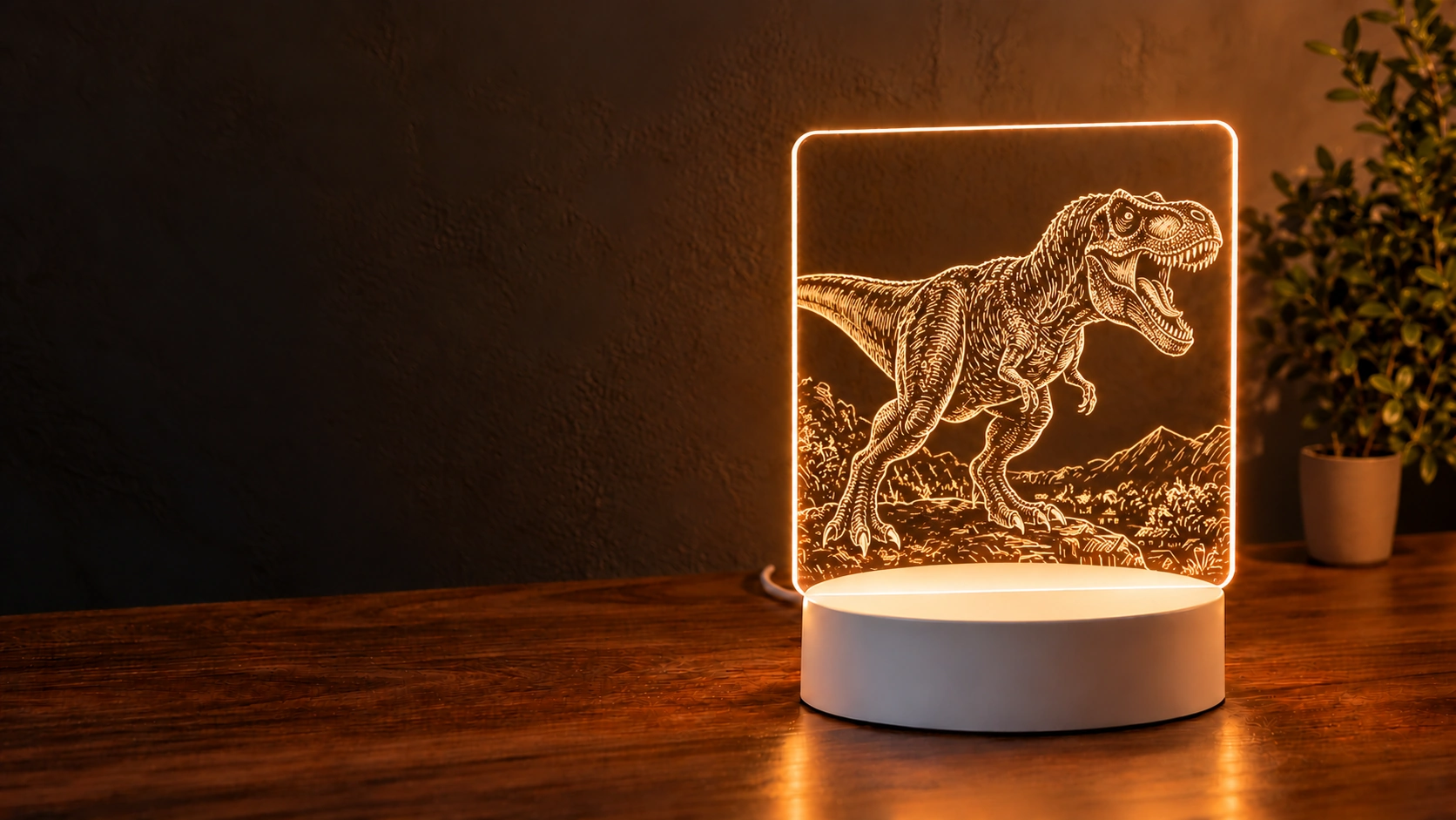 Detalle del panel de acrílico transparente con un tiranosaurio naturalista dibujado con líneas y sombreado fino, borde iluminado y base blanca circular baja.