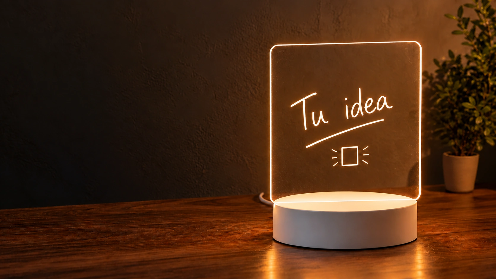 El mismo mensaje «Tu idea» iluminado sobre el panel de base circular, en el mismo escritorio.