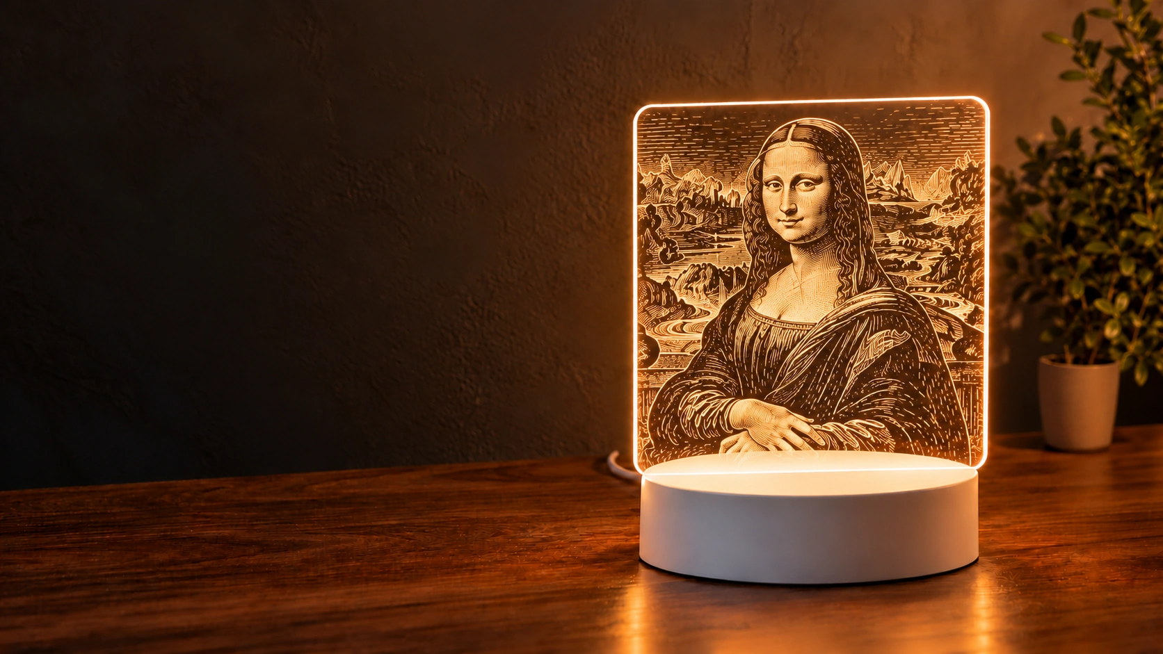 Retrato de la Mona Lisa dibujado con líneas y tramas cálidas sobre el mismo panel transparente.