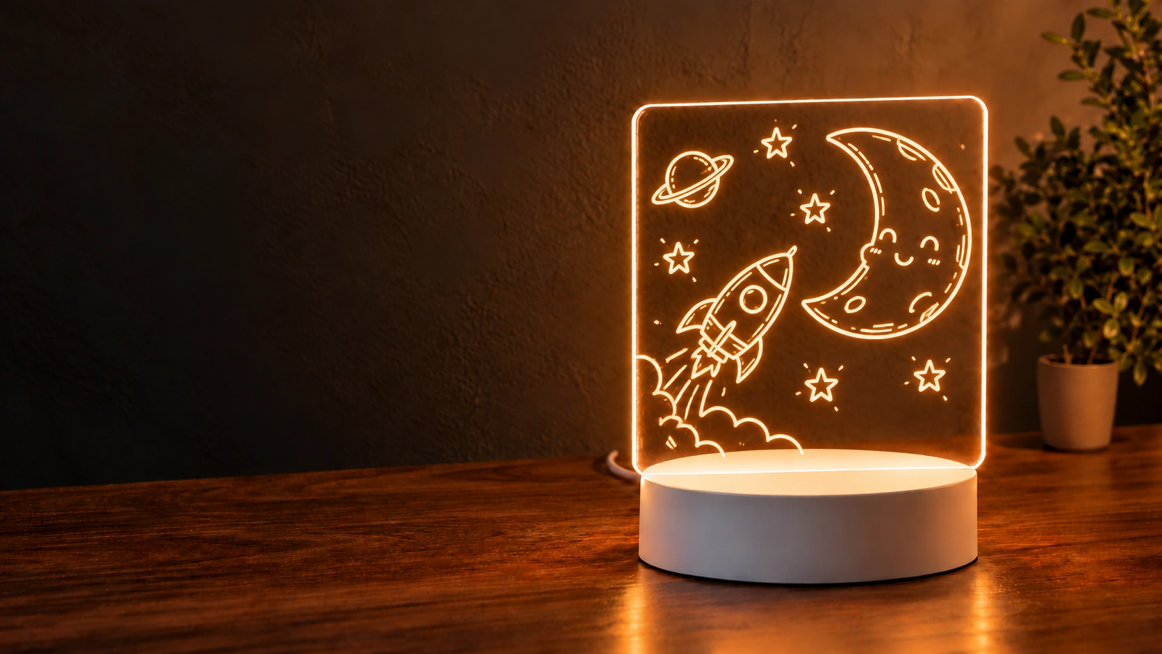 Cohete, luna sonriente y estrellas en un dibujo para pequeños exploradores sobre el mismo panel transparente.