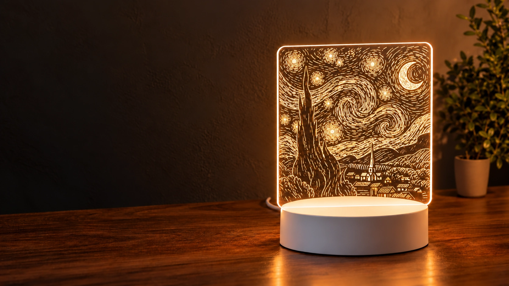 Interpretación de La noche estrellada de Van Gogh dibujada con trazos cálidos sobre el panel transparente.