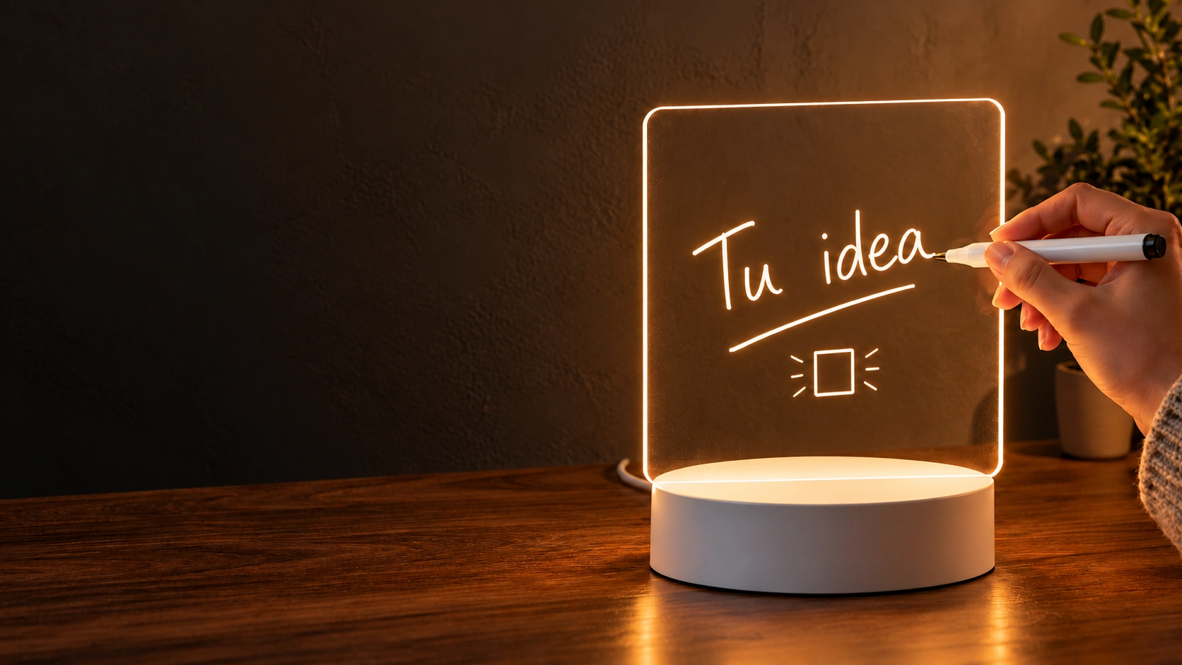 Panel transparente con el mensaje «Tu idea» y una mano escribiendo con marcador, sobre base blanca circular.