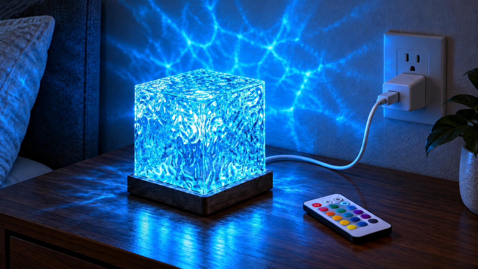 Vista del mismo cubo azul con intensidad intensa, control remoto y cable USB hacia un adaptador externo.