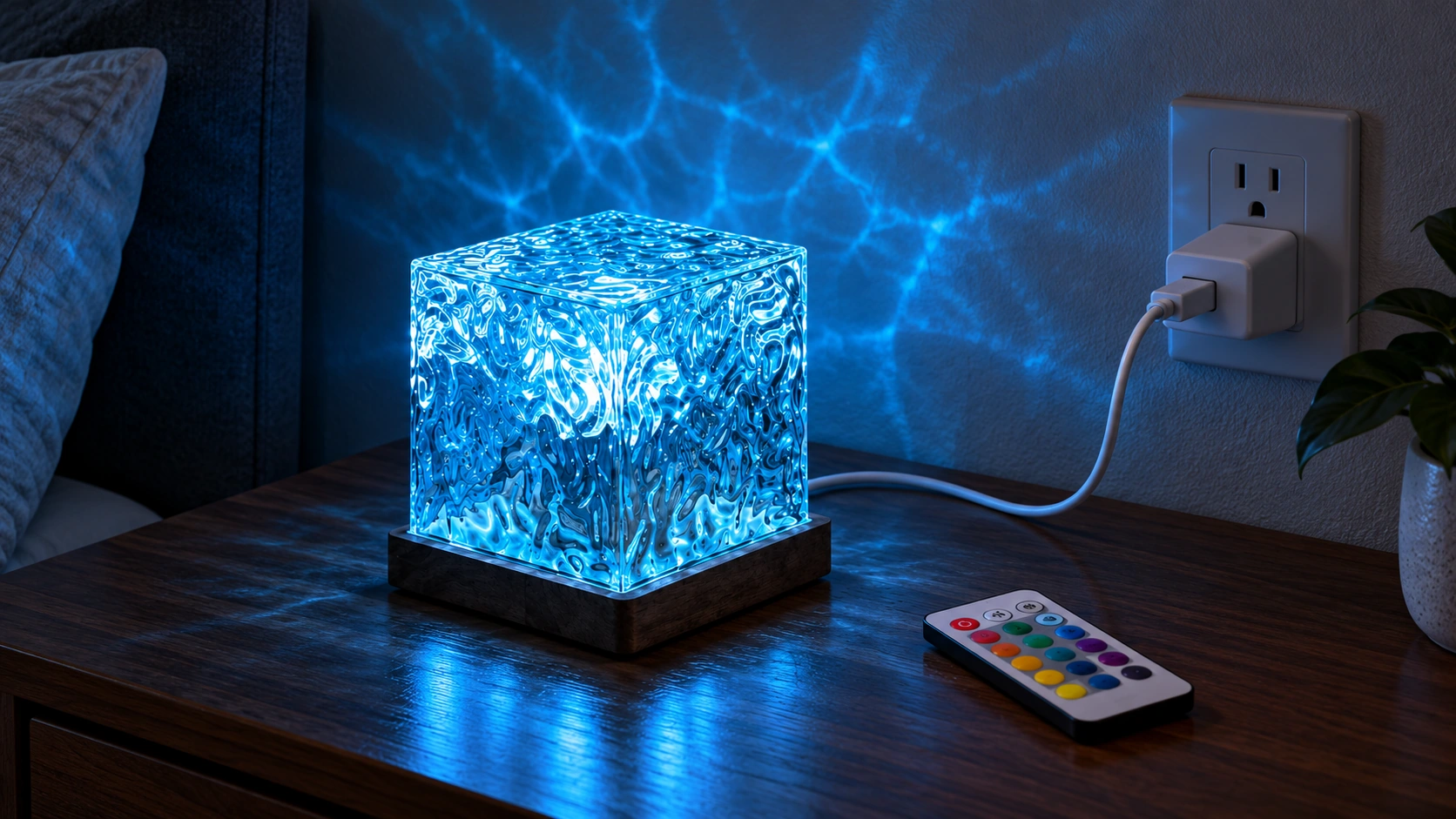 Vista del mismo cubo azul con intensidad media, control remoto y cable USB hacia un adaptador externo.