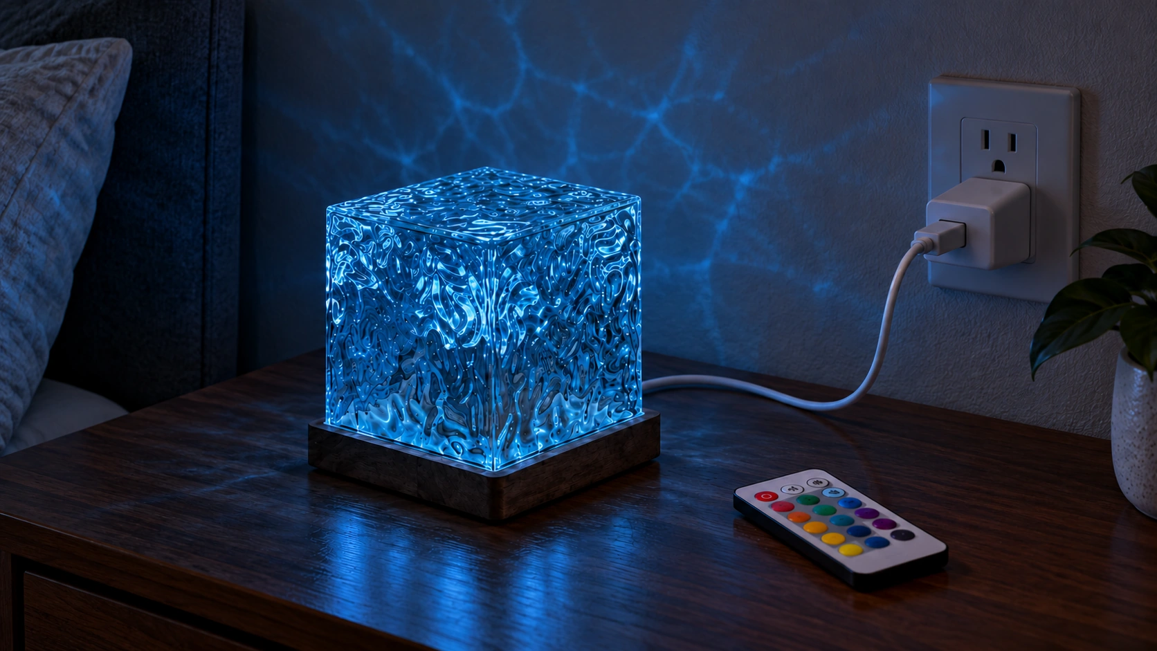 Vista del mismo cubo azul con intensidad suave, control remoto y cable USB hacia un adaptador externo.